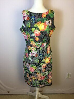 ECI New York Sheath Dress Size M Womans Black Floral Sleeveless Lace Hem Stretch